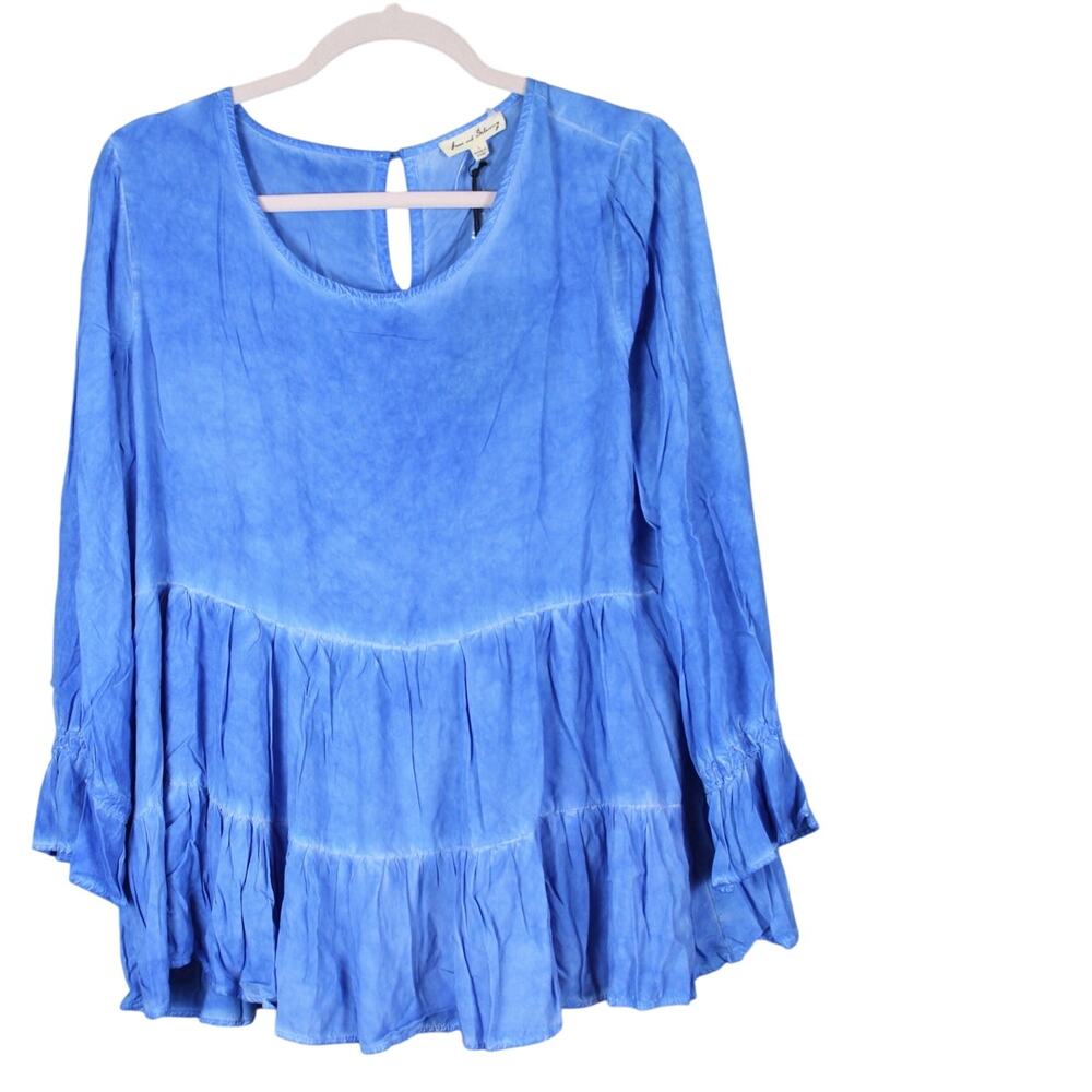 NWT Jane and Delancey Blue Baby Doll Flowy Tiered Frill Casual Spring Boho Top L